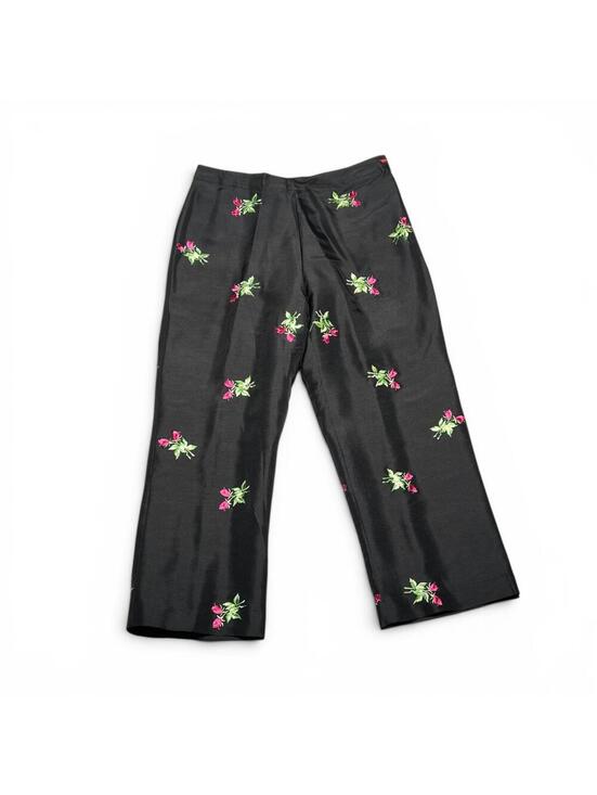 Vision Apparel Pants - Vintage Y2K Black Silk Floral Embroidered Pleated Trousers Size 6